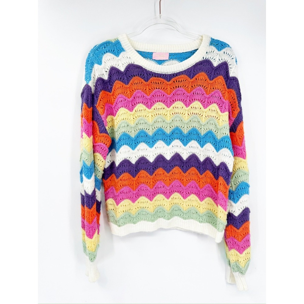 Sincerely Ours Over The Rainbow Multicolor Scalloped Knit Crewneck Sweater